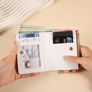 Women short zipper wallet colorblock card holder compact PU leather coin purse new