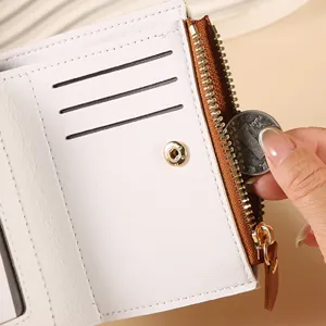 Women's Short Wallet Zipper Coin Purse Card Holder White PU Leather Bi-fold Compact Pocket