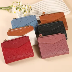 Women short zipper wallet PU leather card holder fashion plaid coin purse multi color