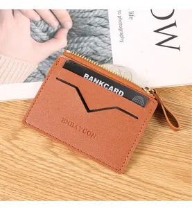 Brown leather card holder zipper coin purse multi card slots slim wallet compact design
