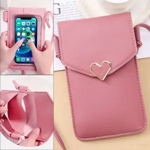 Women Touchscreen Phone Wallet Crossbody Bag Heart Lock PU Leather Mobile Phone Pouch Retro Mini Shoulder Bag Card Holder