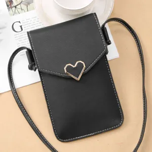 Black PU leather crossbody phone bag with metal heart buckle and white stitching detail.