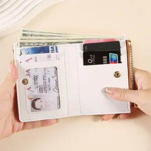 White leather short bifold wallet with card slots and zipper pocket for women daily use