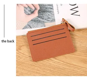 Brown PU leather women card holder zipper coin purse with multiple card slots and compact size.