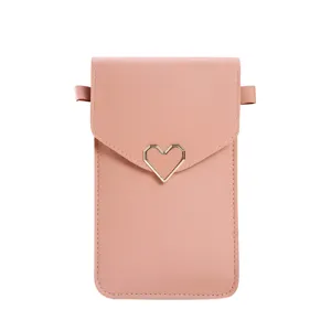 Pink crossbody phone bag with gold heart metal buckle, PU leather mini wallet for women.