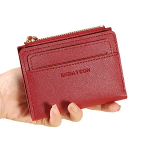 Red women short wallet multi card slot coin purse compact minimalist card holder bag