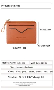 Minimalist PU leather card holder with zipper coin pocket, compact multi-card slots wallet.