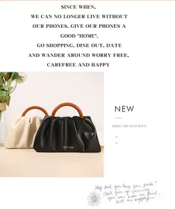 Modische plissierte Lederhandtasche mit rundem Holzgriff lässige Schultertasche für Damen