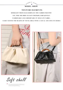 Minimalistische plissierte PU Handtasche mit Holzgriff, modische Damentasche elegant.