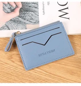 Light blue PU leather card wallet with zipper coin pocket and multiple slots for daily use.