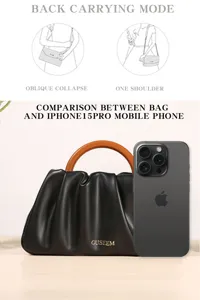 Guseem schwarze plissierte Ledertasche mit Holzgriff, elegante Schulter- und Umhängetasche.
