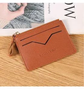 Brown PU leather card holder and zipper coin purse with multiple card slots and V-cut design.