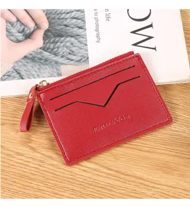 Red PU leather zipper card holder and coin purse with multiple slots for daily use.