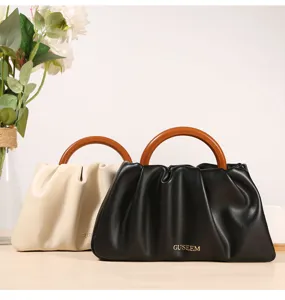 Gefaltete PU Leder Handtasche mit Holzgriff, stilvolle Damen Schultertasche Umhängetasche.
