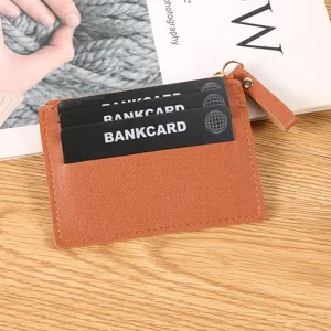 Brown PU leather minimalist card holder wallet with zipper pocket and multiple slots for daily use.