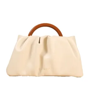 GUSEEM stilvolle geraffte Clutch Handtasche mit Holzgriff, elegante beige Umhängetasche Damen
