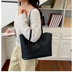 Grande borsa a spalla nera da lavoro, borsa tote casual minimalista in pelle PU da donna.
