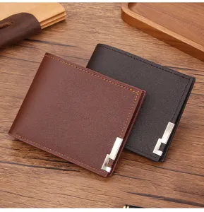Men short PU leather wallet with metal corner design, multi-card slot horizontal card holder.