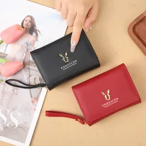 Damen Kleines PU-Leder Dreifach Gefaltete Brieftasche Mit Geweih-Dekoration Mini Reißverschluss Portemonnaie Mode Kartenhalter Clutch