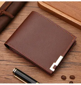 Men short brown leather wallet with metal corner decoration, multi-card slots design.