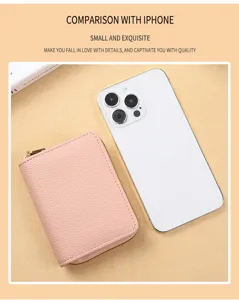 Mini portefeuille étui cartes accordéon en cuir rose avec fermeture éclair pour femme chic.