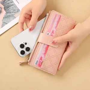 Pink quilted women long wallet with card slots zipper coin purse and phone pocket for daily use.
