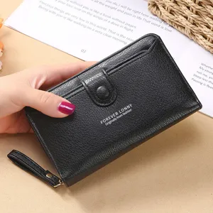 Portefeuille long femme en cuir PU noir pochette avec dragonne et fermeture éclair.