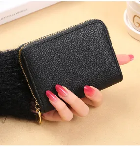 Porte-cartes noir compact à fermeture éclair, portefeuille accordéon, mini porte-monnaie.
