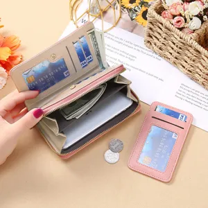Portefeuille long femme zippé grande capacité pochette unie avec porte-cartes quotidien.
