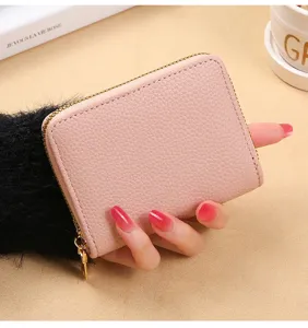 Porte-monnaie zippé en cuir rose porte-cartes minimaliste portefeuille compact quotidien