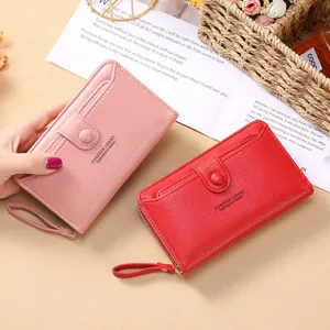 Pochette poignet de couleur unie pour femmes, long portefeuille zippé élégant grande capacité.