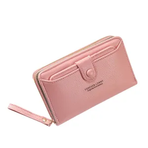Portefeuille long rose pour femme avec dragonne pochette zippée mode unie sac à main