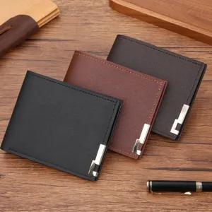 Men's short leather wallet with metal edge design, multi-card slots horizontal card holder