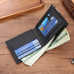Men's black short wallet with metal money clip, multi-card slots, classic PU leather card holder.