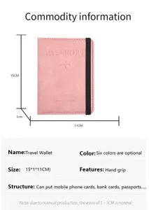 Pink PU leather passport wallet cover with elastic band, portable travel document organizer bag.