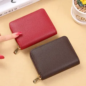 Porte-monnaie zippé en cuir PU uni pour femmes étui à cartes mini portefeuille 2pcs