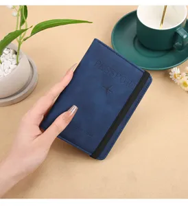 Detailed close-up view of the blue PU leather passport holder with elastic band and RFID block.
