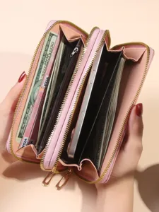 Portefeuille long femme double fermeture éclair grande capacité porte-carte pochette rose.