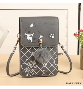 Borsa a tracolla verticale per telefono in ecopelle grigio scuro con gatto e pon-pon.