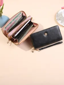 Portefeuille femme long double fermeture éclair grande capacité pochette téléphone avec fentes cartes.