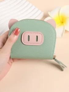 Joli porte-monnaie en cuir PU design cochon mignon étui à cartes zippé pour femmes