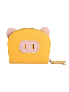 Porte-cartes mignon dessin animé cochon portefeuille femme avec fermeture éclair jaune.