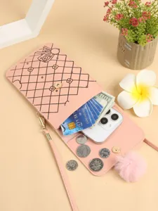 Borsa a tracolla verticale in ecopelle rosa per cellulare con ponpon, fessure per carte e monete.