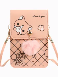 Borsa tracolla per telefono in pelle PU rosa con ciondolo pon pon e stampa carina.