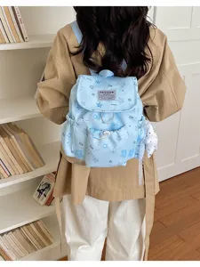 Sac à dos bleu clair imprimé d'étoiles, style coréen mignon, sac de voyage décontracté pour filles.