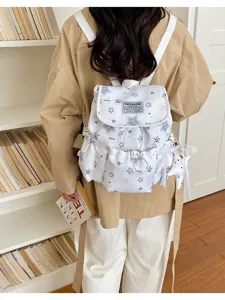 Vue détaillée du sac à dos blanc à motif d'étoiles, style coréen ins sac d'école mignon