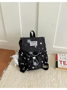 Sac à dos noir style coréen motif étoiles mignon et tendance pour voyage et loisirs quotidiens