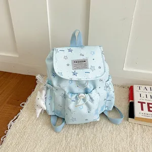 Joli sac à dos en toile bleue pastel avec motif d'étoiles et poche avant, cartable stylé.