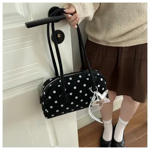 Black polka dot shoulder bag with silver star charm, cute Korean style daily underarm tote.