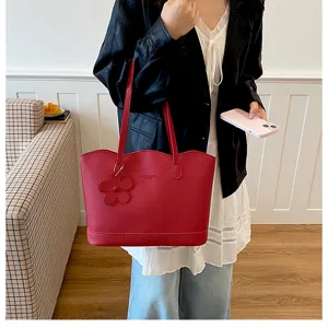 Borsa a spalla rossa shopper con ciondolo floreale, grande capacità borsa casual da donna.